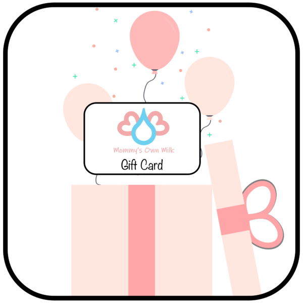 Mommy's Own Milk gift card rising out of a pink gift box along with confetti and balloons.