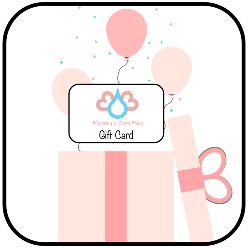 Mommy's Own Milk gift card rising out of a pink gift box along with confetti and balloons.